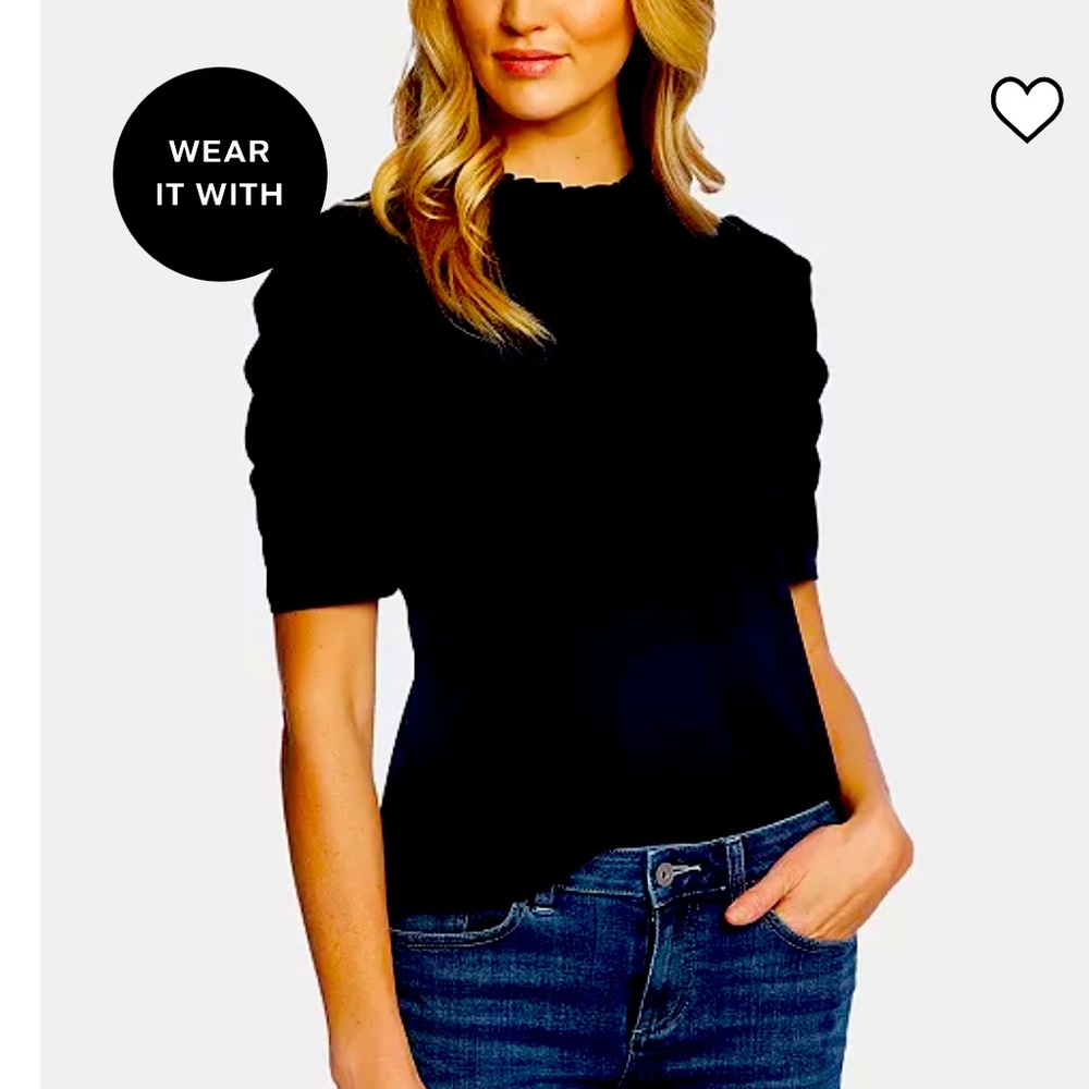 CeCe Puff-Sleeve Ruffled-Neck Knit Top New L